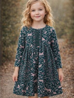 Woodland Animal Cottagecore Girls Dress | Fox Deer Rabbit Green Floral Boho 5/6